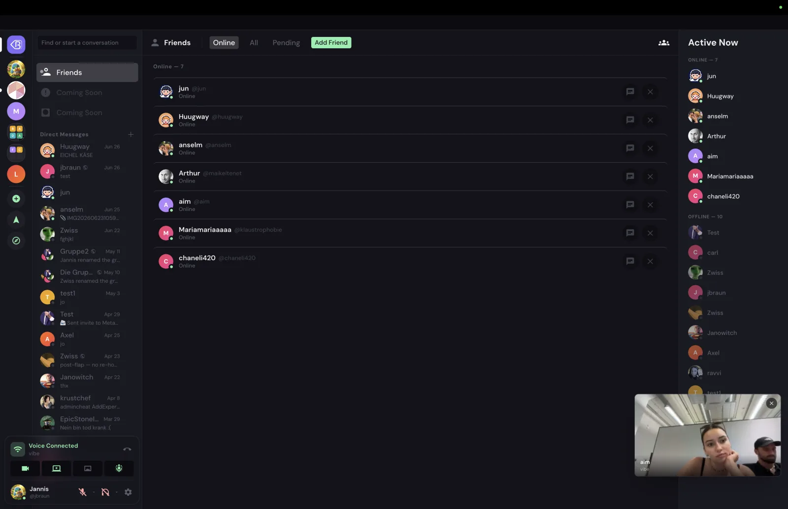 The friends list with an Active Now sidebar