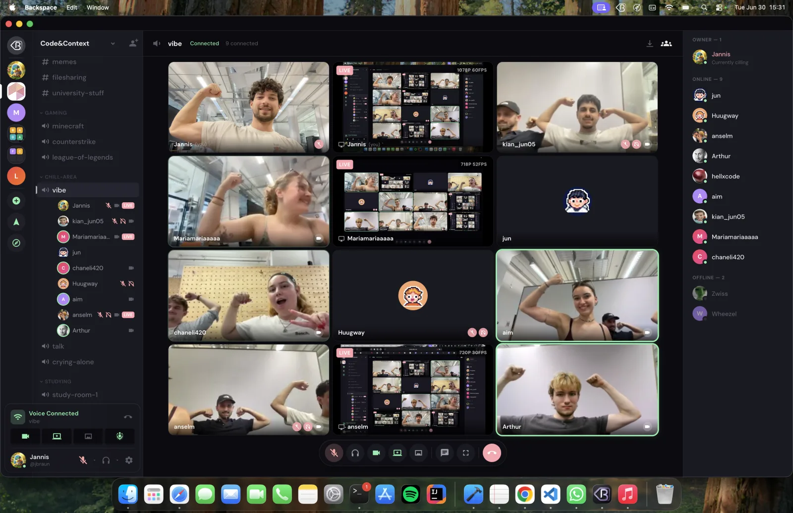 A voice channel with a grid of camera and screen-share tiles