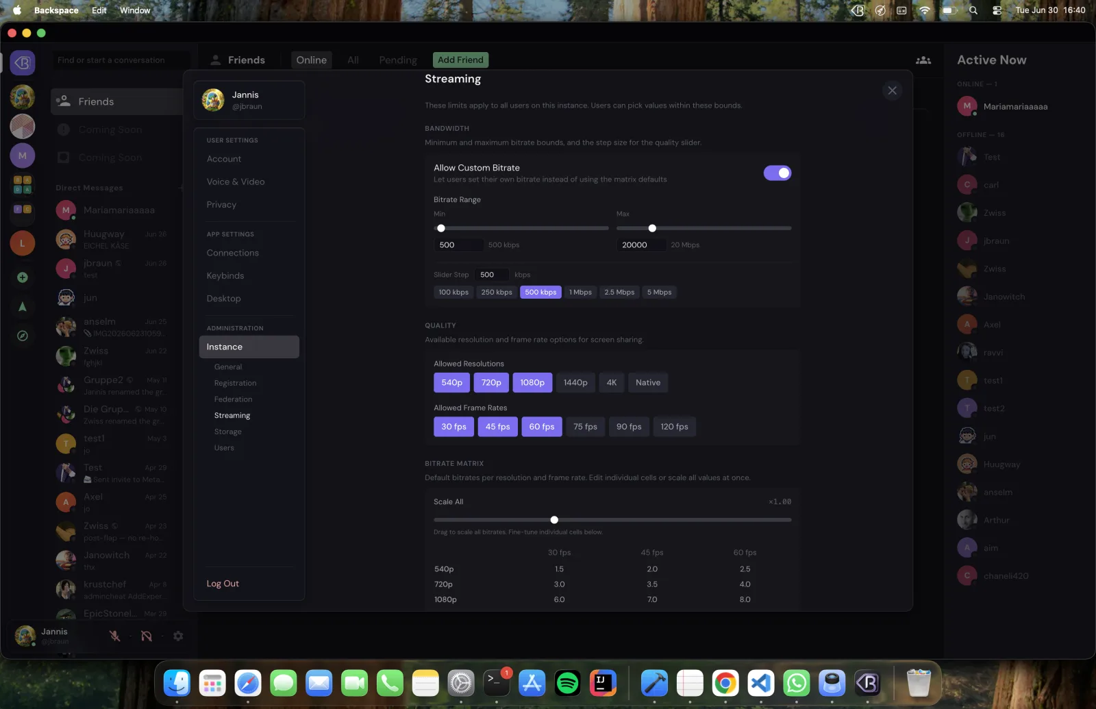 The streaming admin panel with a bitrate matrix