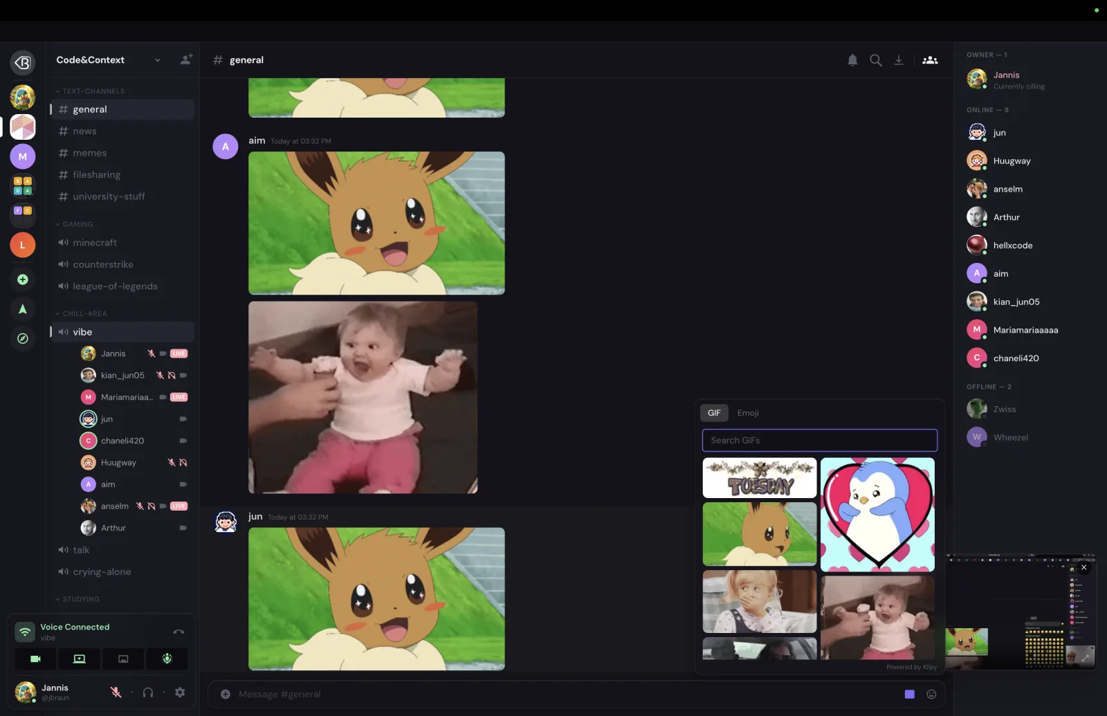 The GIF picker open in a text channel