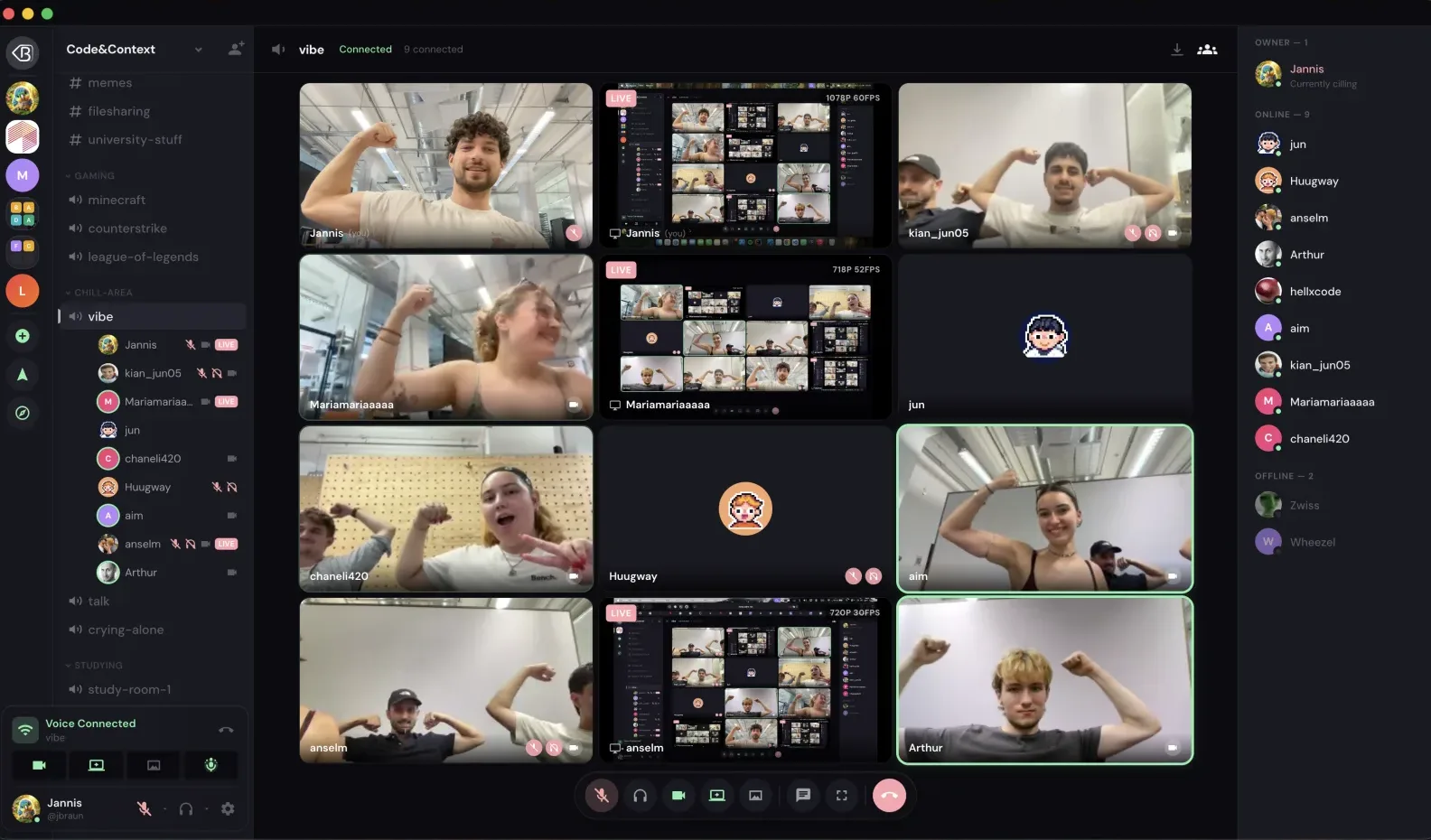The Backspace voice channel view: a grid of nine camera and screen-share tiles, with the channel sidebar and member list around it.