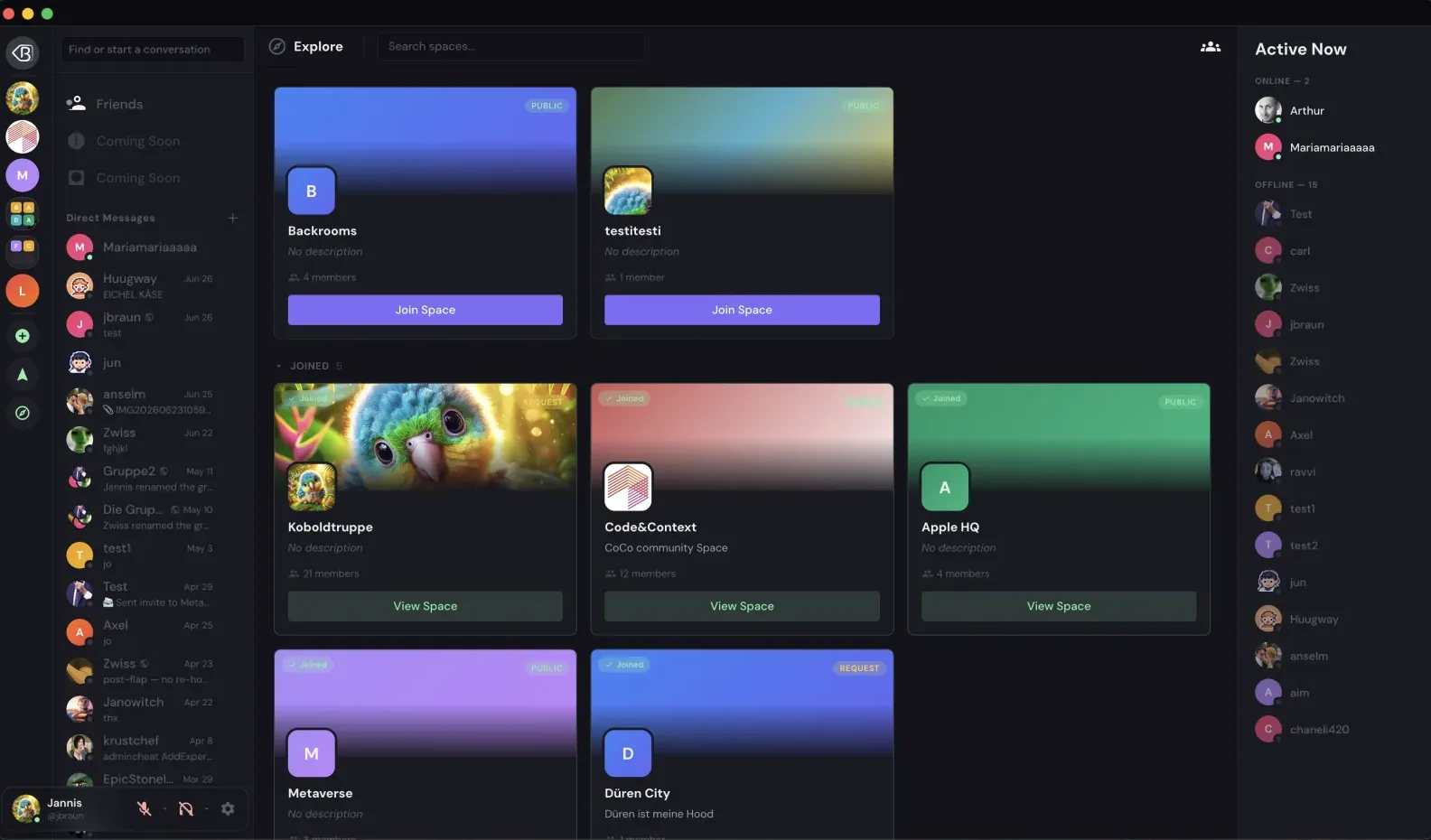 The space discovery screen: a grid of public and joined spaces with pastel banner cards, next to the DM sidebar and active-now list.