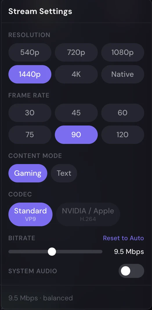 The per-stream settings panel: resolution presets from 540p up to 4K and native, frame rates from 30 to 120, content mode, codec choice between VP9 and hardware H.264, a bitrate slider, and a system audio toggle.